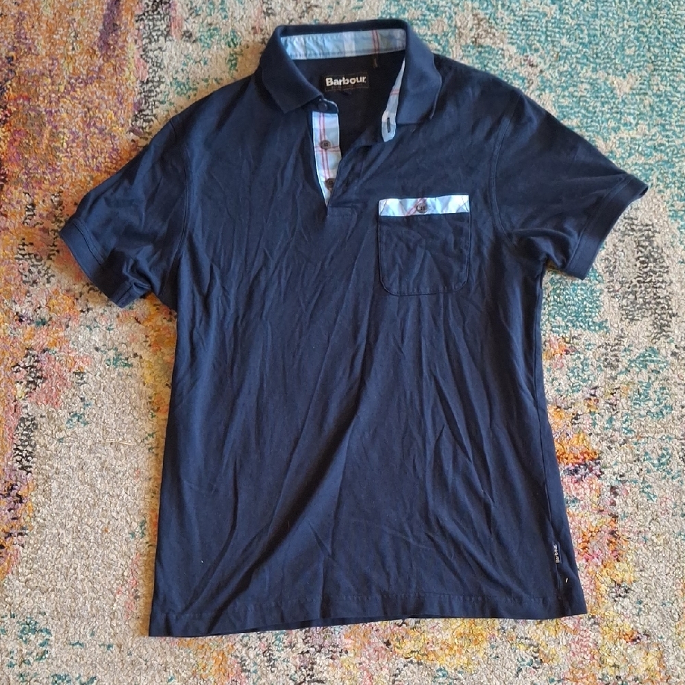 Barbour Dark Blue Polo with Plaid Accents size medium